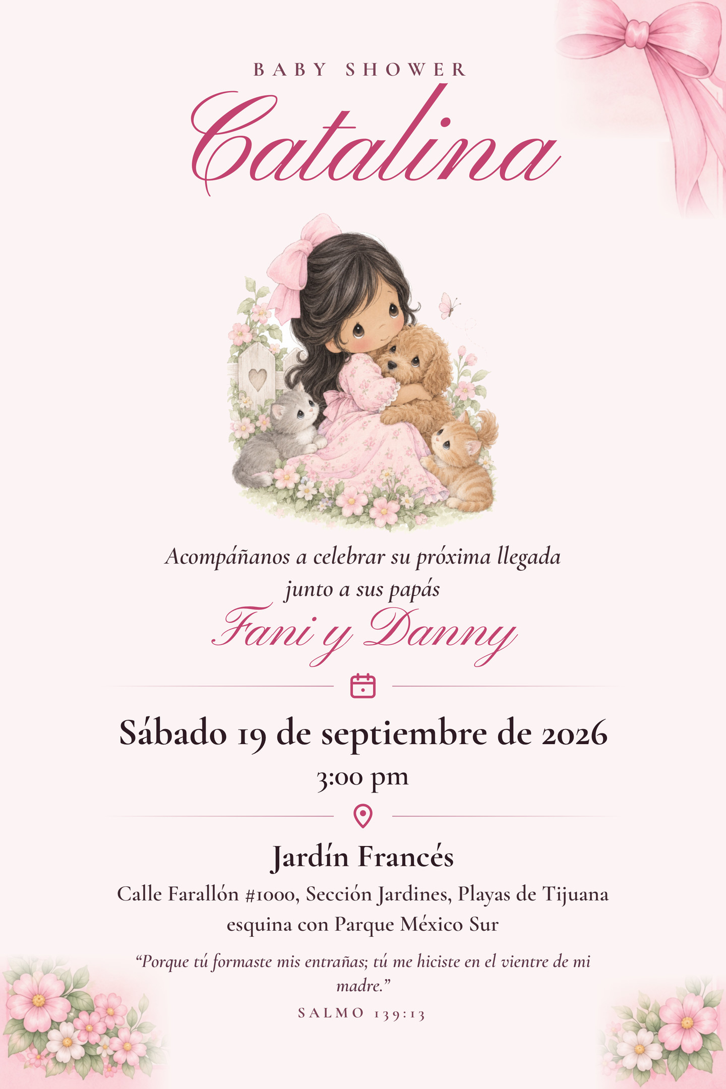Baby Shower Catalina. Acompáñanos a celebrar su próxima llegada junto a sus papás Fani y Danny. Sábado 19 de septiembre de 2026, 3:00 pm. Jardín Francés, Calle Farallón #1000, Sección Jardines, Playas de Tijuana, esquina con Parque México Sur.